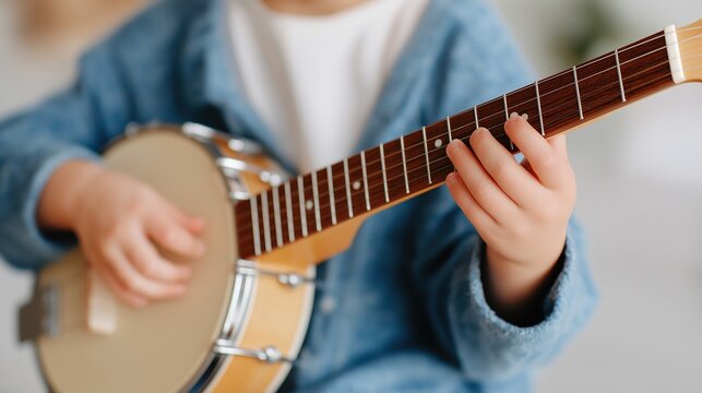 Child Playing Banjo at Home Practice
