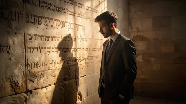 Pensive Man Reading Ancient Hebrew Inscription on Stone Wall