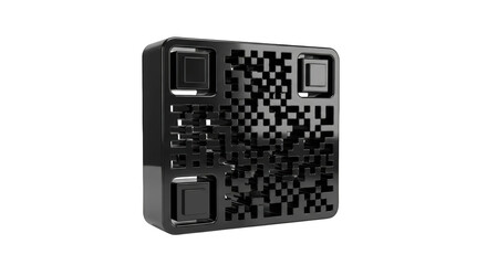 Glossy Black QR Code Symbol Isolated on Black Background Keywords: QR code, quick response, barcode, scanning, technology, digital