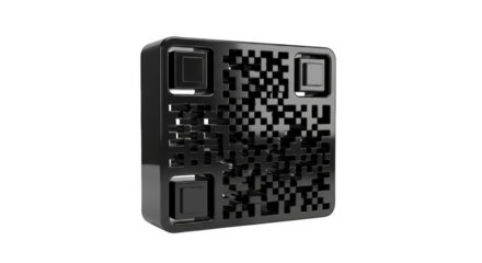 Glossy Black QR Code Symbol Isolated on Black Background Keywords: QR code, quick response, barcode, scanning, technology, digital