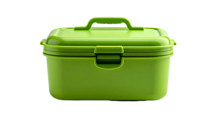 Small, green plastic box with a handle against a black background