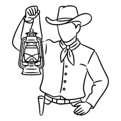 Cowboy Silhouette Holding a Lantern Black and White Illustration, Western Theme