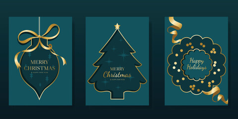 Green Christmas Luxury gold  invitation card design vector. Christmas tree ,deer with gold foil and spot texture on Green  background. Design illustration for cover, print, poster, ads.