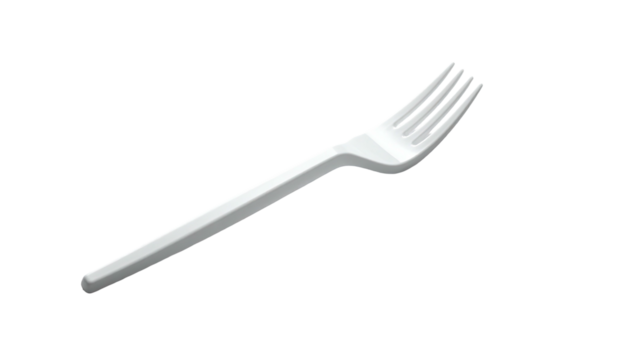 Angled white plastic fork casts a soft shadow on black