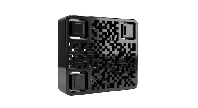 Glossy Black QR Code Symbol Isolated on Black Background Keywords: QR code, quick response, barcode, scanning, technology, digital