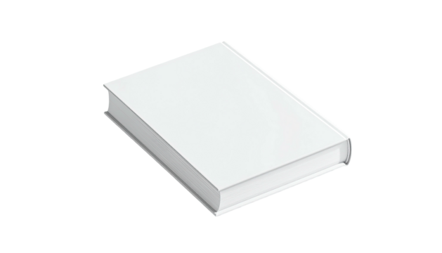 Isolated, closed, white book on black. Minimal, elevated view