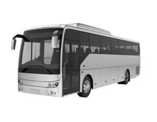 Sleek, silver coach bus with tinted windows, open door