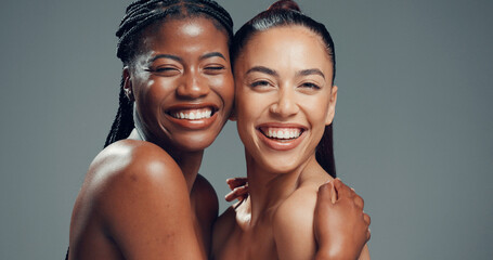 Skincare, portrait and friends or women in studio for beauty, glow and self care diversity. Shine,...