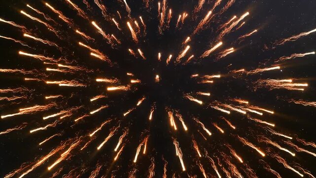 Colorful fireworks burst in the dark night sky, a bright celebration of light and abstract color. Realistic fireworks explosion on a black cosmic background. Motion. Star explosion with ligh.
