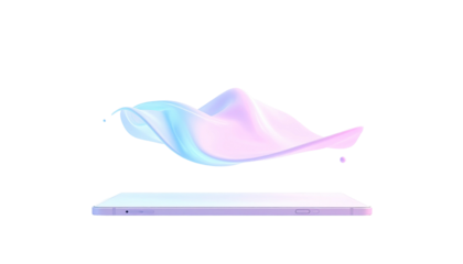 Phone beneath a floating fluid wave of pale purple and blue