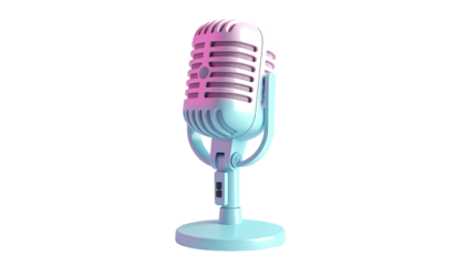 Chrome microphone with pink and blue highlights on black background