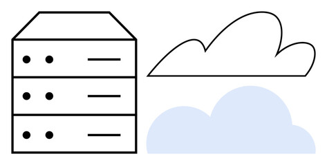 Data server stack and two clouds symbolizing virtual storage, networking, and computing services. Ideal for technology, cloud solutions, data centers, IT infrastructure, backups, hosting simple flat