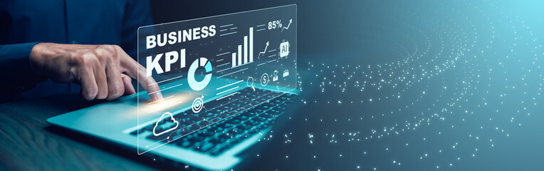 Futuristic business KPI data bar interface with glowing icons and holographic layers, representing digital analytics, performance tracking, and corporate dashboard system.