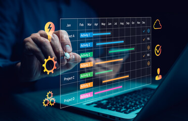 Futuristic digital project management interface showing holographic Gantt chart, glowing task...