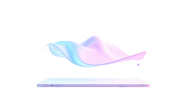 Phone beneath a floating fluid wave of pale purple and blue