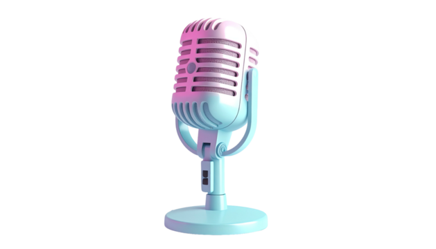 Chrome microphone with pink and blue highlights on black background - Powered by Adobe