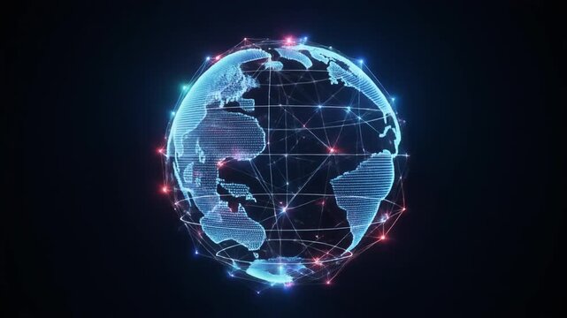 Abstract light bulb and glowing circles concept against a blue digital world map background for global technology and communication network illustration. Rotating Globe Made of Interconnected Light - Powered by Adobe