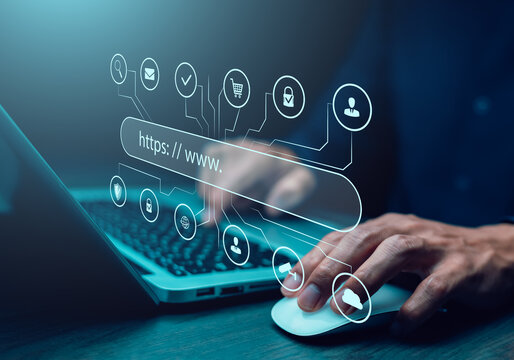 Futuristic digital world with glowing internet icons, representing online connection, web browsing, data security, and digital transformation technology.