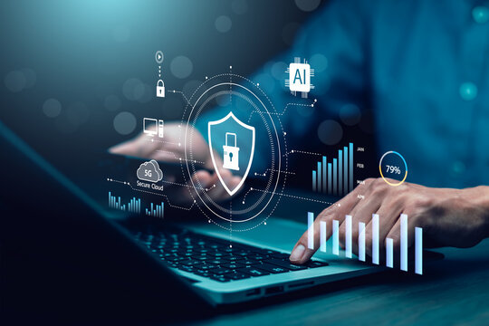 Futuristic AI cybersecurity system with glowing shield, secure 5G cloud network, and data protection analytics on laptop. Concept of digital security and technology innovation.