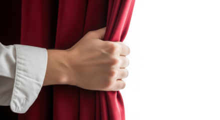 Hand pulling open a red theater curtain isolated on transparent background