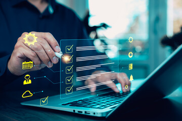 Futuristic digital checklist interface with glowing icons and data flow lines, symbolizing task management, workflow automation, and smart business technology system