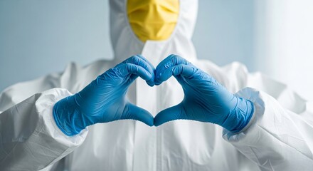Doctor in protective suit making heart shape with hands on blue background. Banner of medical worker showing love and support for healthcare during a pandemic.