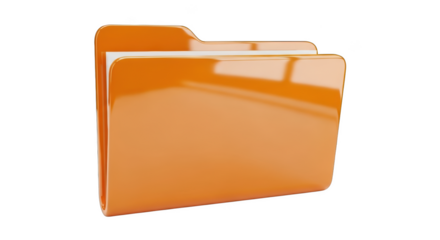 Glossy orange folder icon with white paper sheets on black background shiny