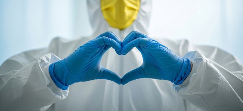 Doctor in protective suit making heart shape with hands on blue background. Banner of medical worker showing love and support for healthcare during a pandemic. - Powered by Adobe