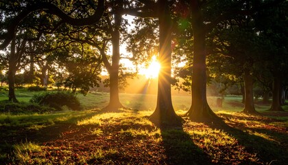 Sunburst illuminates a forest clearing with tall trees and golden light casting long shadows on the ground