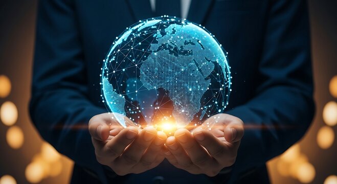 Businessman holding glowing digital globe network in hands, global business concept.
