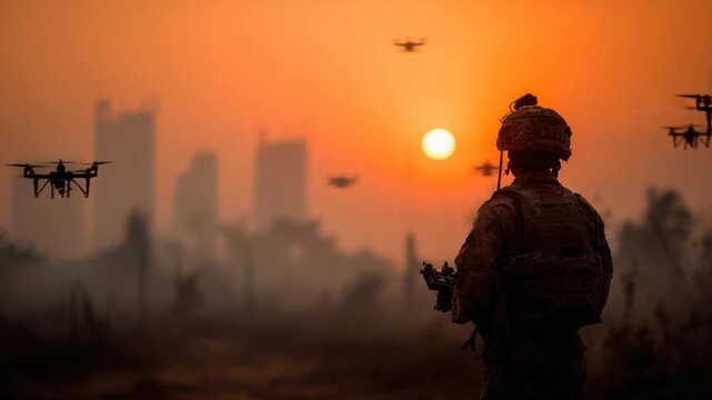 A soldier looks at drones in a sunset with blurred city
