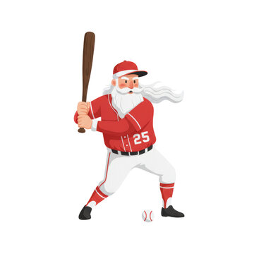 PNG cut out isolated background. A dynamic digital illustration of Santa Claus wearing a baseball uniform (jersey number 25) and a cap, standing in a batter's stance with a wooden bat.