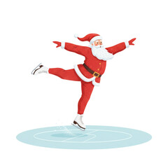 Naklejka premium PNG cut out isolated background. A dynamic digital illustration of Santa Claus smiling and gracefully figure skating on a patch of ice in an elegant, extended pose.
