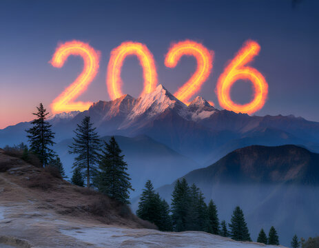 stunning 2026 typography over scenic alpine landscape and pastel sky