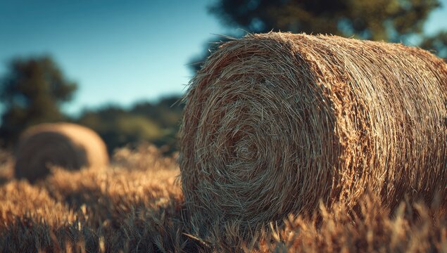 Hay bale in a golden field at sunset - Powered by Adobe