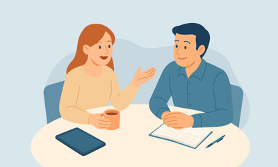 Smiling man and woman having friendly conversation at round table with notebook and coffee cup. Positive communication and teamwork concept in flat vector style.