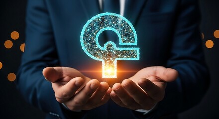Businessman holding glowing question mark symbol in hands, representing problem solving and inquiry.