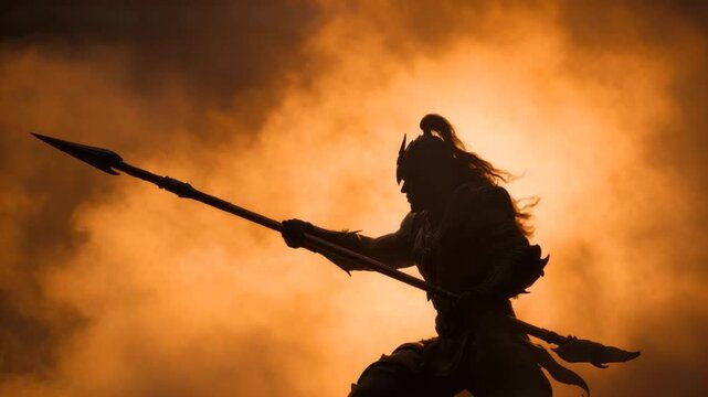 A silhouetted warrior, spear raised, amidst an orange, cloudy sky. Action pose