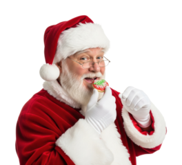 Santa claus enjoying a festive cookie holiday cheer isolated on transparent background
