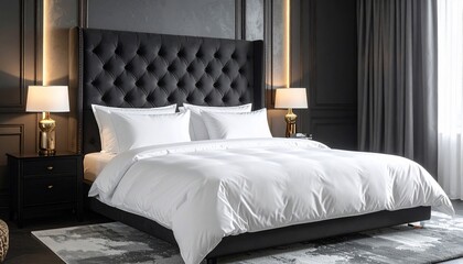 Elegant bedroom interior with a luxurious bed, lamps, and stylish decor elements