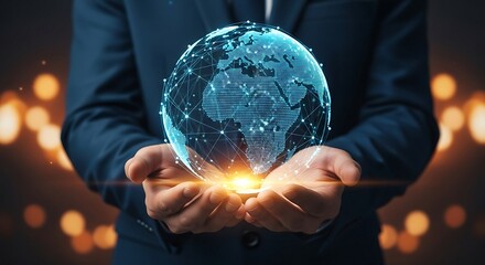 Businessman holding glowing digital globe representing global business and technology network.