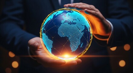 Businessman holding glowing digital earth globe in hands, global business and technology concept.