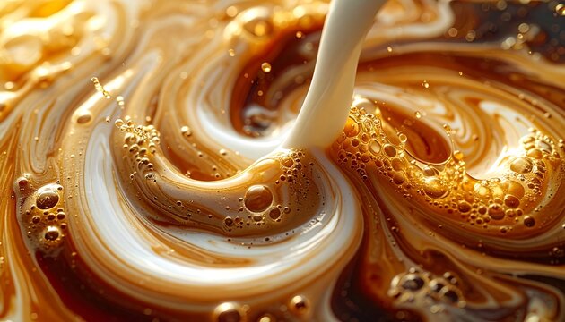 Swirling milk stream mixes with coffee in a hypnotic close-up, creating a mesmerizing abstract pattern
