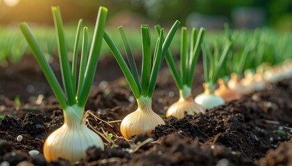Onions growing in soil, agriculture of vegetables in a sunny garden, fresh food concept