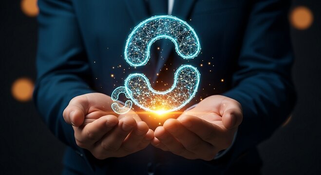 Businessman holding glowing digital C letter symbol in hands.