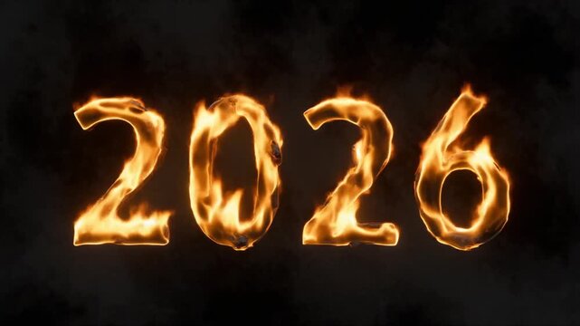 Burning 2026 new year text sign illustration with hot red flame glow on a black night background for a happy holiday celebration design