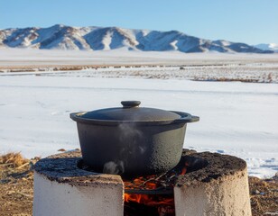 A large cooking pot over a fire, set against a snowy mountainous landscape.