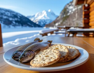 Freshly caught trout and crackers served on a plate with a picturesque snow-covered mountain landscape and rustic cabin in the background.