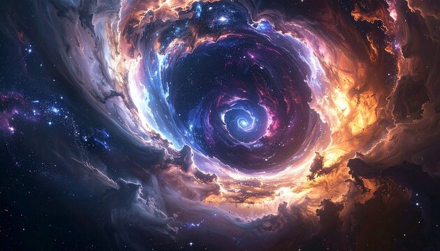 Swirling vortex of colorful nebulae and cosmic dust, revealing a bright core in deep space background
