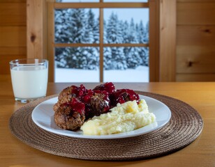 A cozy indoor scene featuring a plate of meatballs with mashed potatoes and a glass of milk.